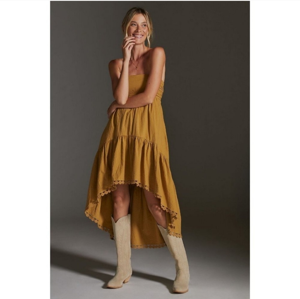 Anthropologie High-Low Strapless Midi Dress Gold Mustard 100% Cotton Size XS